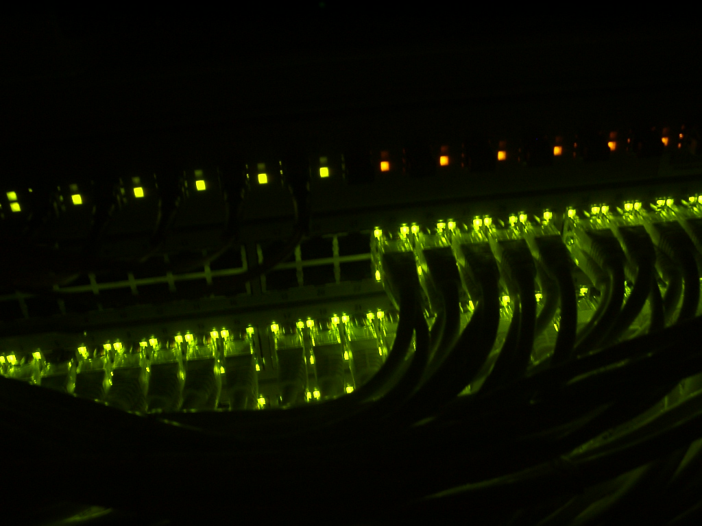 A network ethernet switch at work in a cabinet